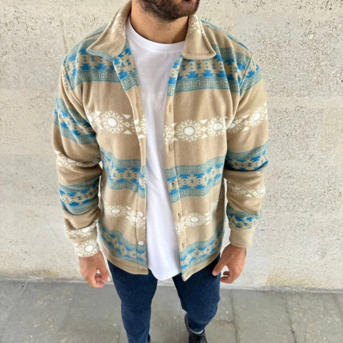 MDB Erkek Desenli Polar Gömlek – Etnik Şerit Desen Yakalı, Uzun Kollu, Düğmeli, Oversize Rahat Kalıp  arı