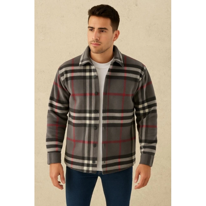 MDB Erkek Ekose Desenli Düğmeli Polar Yakalı Uzun Kollu Gömlek Oversize Rahat Kalıp  Füme