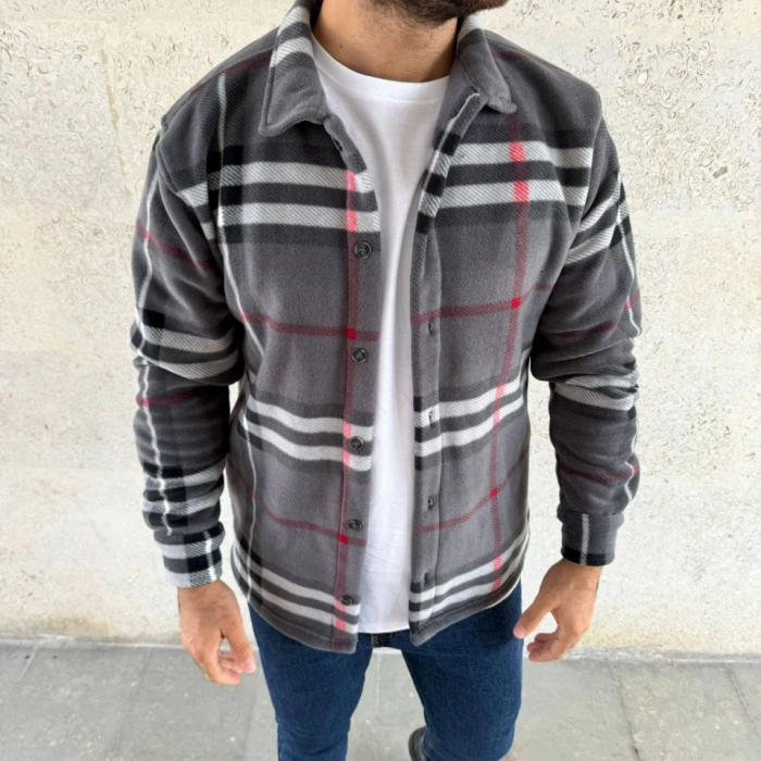 MDB Erkek Ekose Desenli Düğmeli Polar Yakalı Uzun Kollu Gömlek Oversize Rahat Kalıp  Füme
