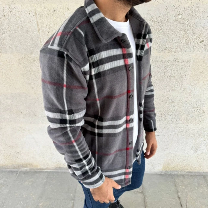 MDB Erkek Ekose Desenli Düğmeli Polar Yakalı Uzun Kollu Gömlek Oversize Rahat Kalıp  Füme