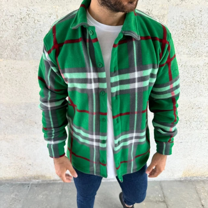 MDB Erkek Ekose Desenli Düğmeli Polar Yakalı Uzun Kollu Gömlek Oversize Rahat Kalıp  Yeşil