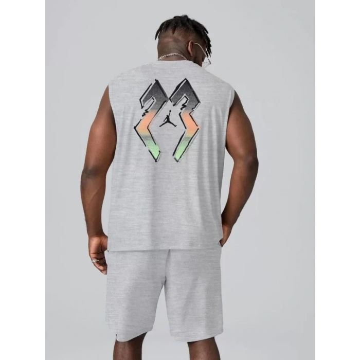 MDB Erkek ırt Baskılı ıfır Kol İkili Şort Takım  Gri