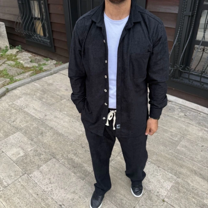 MDB Erkek Kadife Oversize Takım – Gömlek Ve Pantolon İkili et Füme Corduroy Şıklığı, Rahat Ve Zarif Duruş Yumuşak Dokulu Kadife Kumaş, Düğmeli Gömlek Üst Ve astikli Pantolon Alt Parça Ile Gün Boyu Konfor iyah
