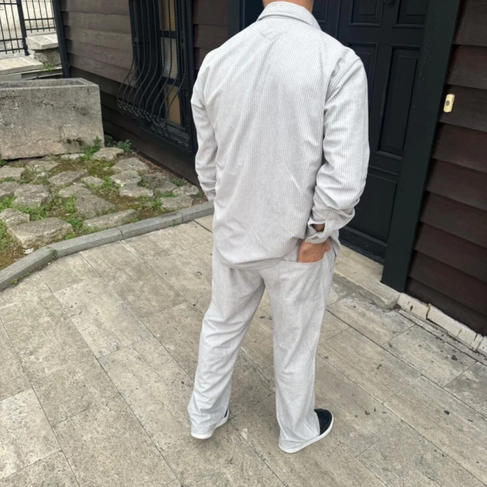 MDB Erkek Kadife Oversize Takım – Gömlek Ve Pantolon İkili et Füme Corduroy Şıklığı, Rahat Ve Zarif Duruş Yumuşak Dokulu Kadife Kumaş, Düğmeli Gömlek Üst Ve astikli Pantolon Alt Parça Ile Gün Boyu Konfor Gri