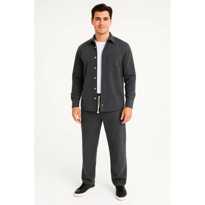 MDB Erkek Kadife Oversize Takım – Gömlek Ve Pantolon İkili et Füme Corduroy Şıklığı, Rahat Ve Zarif Duruş Yumuşak Dokulu Kadife Kumaş, Düğmeli Gömlek Üst Ve astikli Pantolon Alt Parça Ile Gün Boyu Konfor Füme