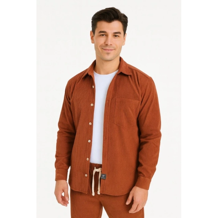 MDB Erkek Kadife Oversize Takım – Gömlek Ve Pantolon İkili et Füme Corduroy Şıklığı, Rahat Ve Zarif Duruş Yumuşak Dokulu Kadife Kumaş, Düğmeli Gömlek Üst Ve astikli Pantolon Alt Parça Ile Gün Boyu Konfor Kiremit
