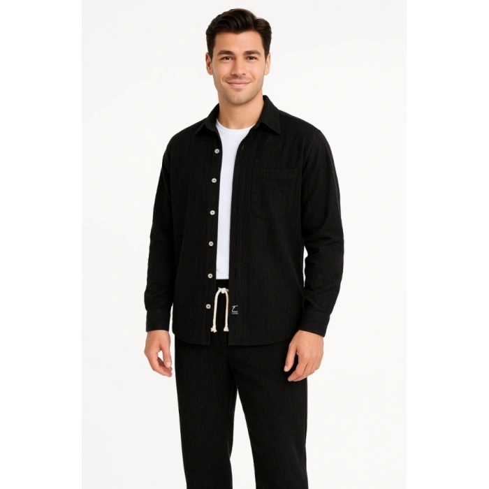 MDB Erkek Kadife Oversize Takım – Gömlek Ve Pantolon İkili et Füme Corduroy Şıklığı, Rahat Ve Zarif Duruş Yumuşak Dokulu Kadife Kumaş, Düğmeli Gömlek Üst Ve astikli Pantolon Alt Parça Ile Gün Boyu Konfor iyah