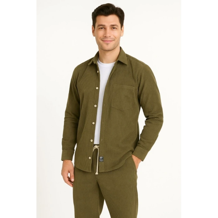 MDB Erkek Kadife Oversize Takım – Gömlek Ve Pantolon İkili et Füme Corduroy Şıklığı, Rahat Ve Zarif Duruş Yumuşak Dokulu Kadife Kumaş, Düğmeli Gömlek Üst Ve astikli Pantolon Alt Parça Ile Gün Boyu Konfor Haki
