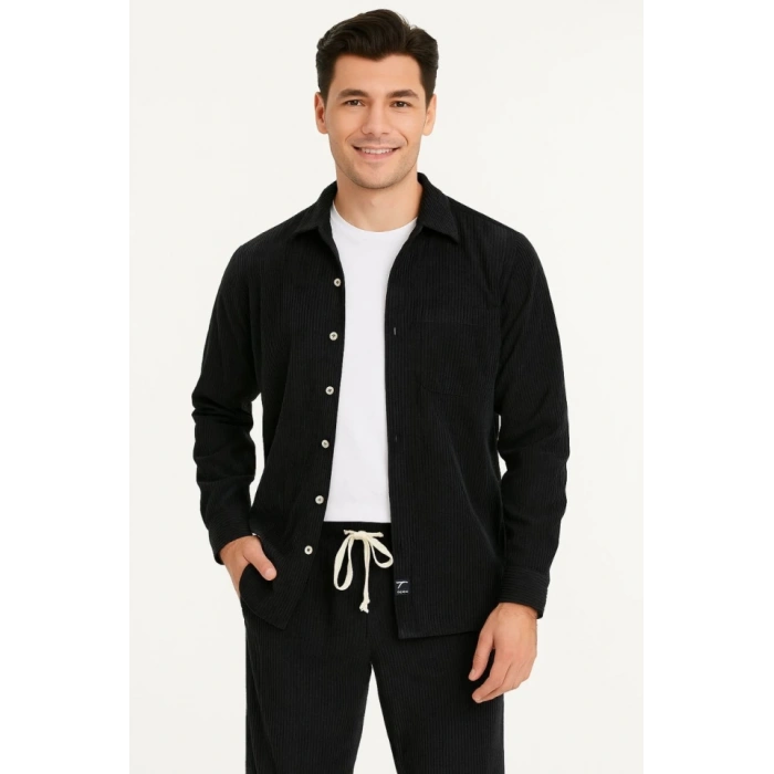 MDB Erkek Kadife Oversize Takım – Gömlek Ve Pantolon İkili et Füme Corduroy Şıklığı, Rahat Ve Zarif Duruş Yumuşak Dokulu Kadife Kumaş, Düğmeli Gömlek Üst Ve astikli Pantolon Alt Parça Ile Gün Boyu Konfor iyah