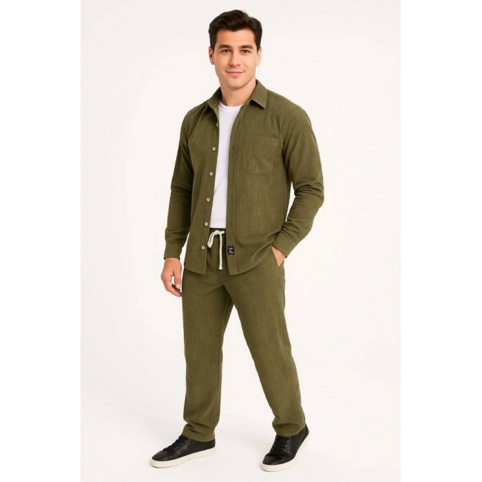 MDB Erkek Kadife Oversize Takım – Gömlek Ve Pantolon İkili et Füme Corduroy Şıklığı, Rahat Ve Zarif Duruş Yumuşak Dokulu Kadife Kumaş, Düğmeli Gömlek Üst Ve astikli Pantolon Alt Parça Ile Gün Boyu Konfor Haki