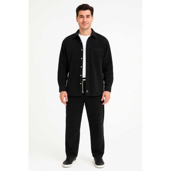 MDB Erkek Kadife Oversize Takım – Gömlek Ve Pantolon İkili et Füme Corduroy Şıklığı, Rahat Ve Zarif Duruş Yumuşak Dokulu Kadife Kumaş, Düğmeli Gömlek Üst Ve astikli Pantolon Alt Parça Ile Gün Boyu Konfor iyah