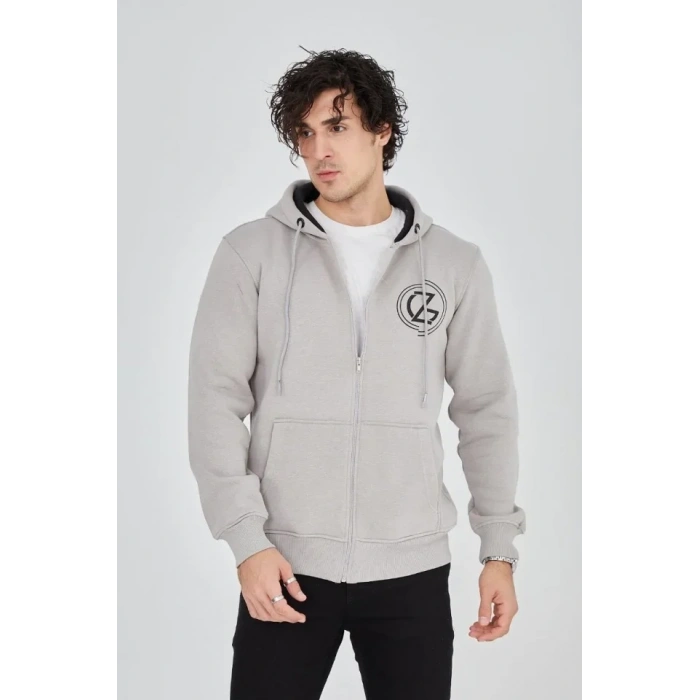 MDB Erkek Kapüşonlu Baskılı Fermuarlı Hırka  Boyalı Gri