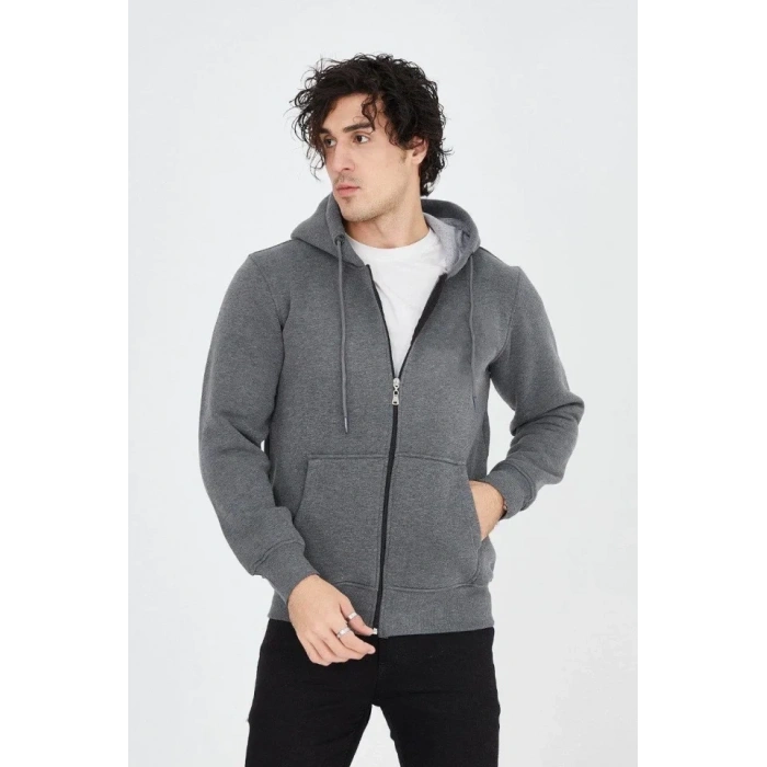 MDB Erkek Kapüşonlu Düz Fermuarlı Hırka  Füme