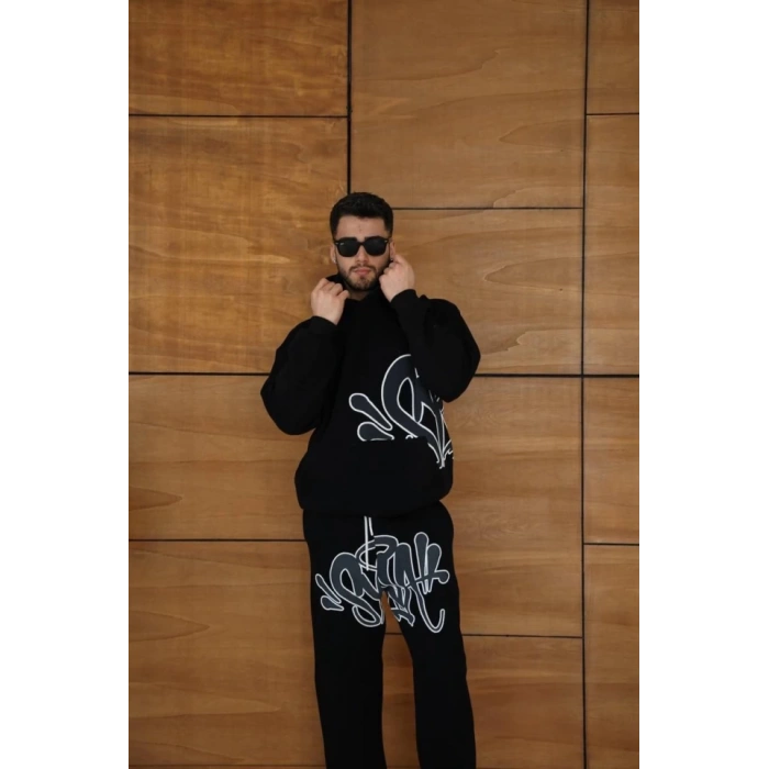 MDB Erkek Kapüşonlu Eşofman Takım Graffiti Baskılı Oversize Rahat Kalıp, Kanguru Cepli, treetwear Tarzında Premium Ürün 3 Iplik Pamuklu  iyah