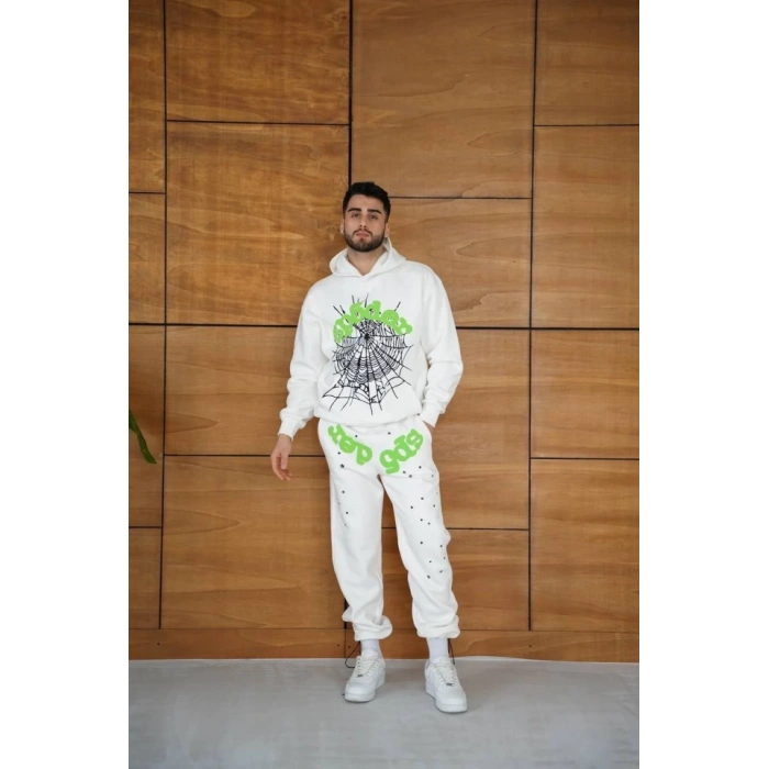 MDB Erkek Kapüşonlu Eşofman Takım Örümcek Ağı Ve Neon Yeşil Baskılı Kanguru Cepli Oversize Rahat Kalıp, Premium Üç İplik Kumaş  Beyaz