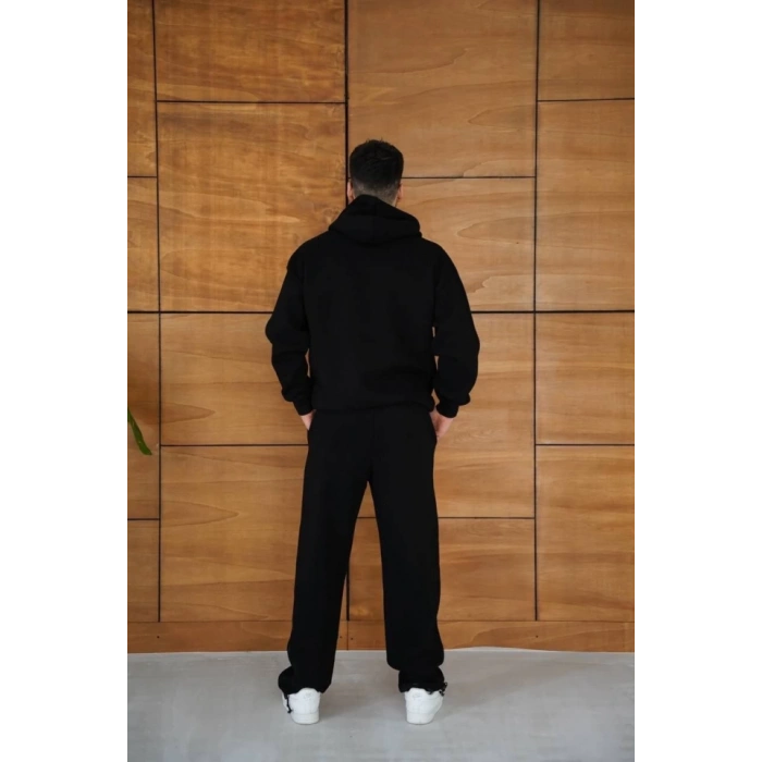 MDB Erkek Kapüşonlu Eşofman Takım Örümcek Ağı Ve Neon Yeşil Baskılı Kanguru Cepli Oversize Rahat Kalıp, Premium Üç İplik Kumaş  iyah