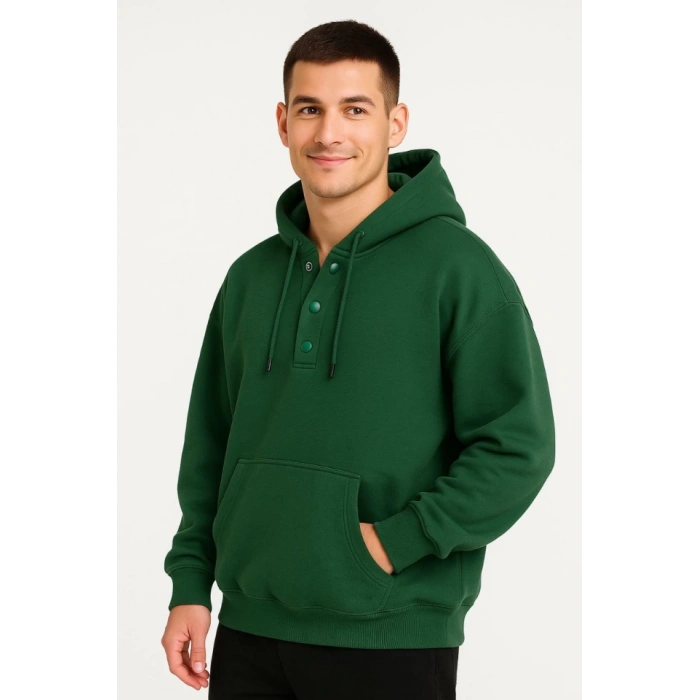 MDB Erkek Ovarsize Kapüşonlu wetshirt Kanguru Çepli Cıtcıtlı 3 Iplik Şardonlu Hoodie  Haki