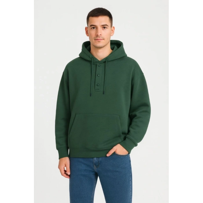 MDB Erkek Ovarsize Kapüşonlu wetshirt Kanguru Çepli Cıtcıtlı 3 Iplik Şardonlu Hoodie  Haki