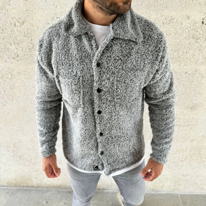 MDB Erkek Pelüş Polar Hırka Gömlek – Yakalı, İlik Düğmeli, Göğüs Cepli, Yumuşak Dokulu Kışlık Regular Fit Rahat Günlük odel  Gri