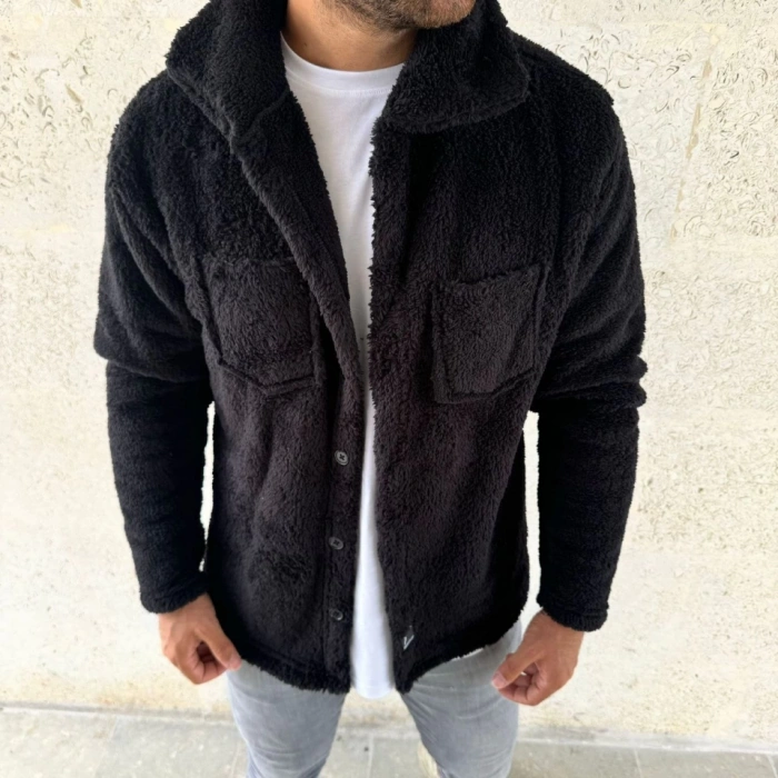 MDB Erkek Pelüş Polar Hırka Gömlek – Yakalı, İlik Düğmeli, Göğüs Cepli, Yumuşak Dokulu Kışlık Regular Fit Rahat Günlük odel  iyah