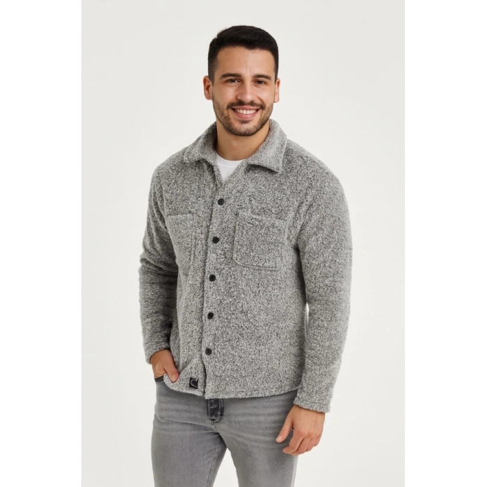 MDB Erkek Pelüş Polar Hırka Gömlek – Yakalı, İlik Düğmeli, Göğüs Cepli, Yumuşak Dokulu Kışlık Regular Fit Rahat Günlük odel  Gri