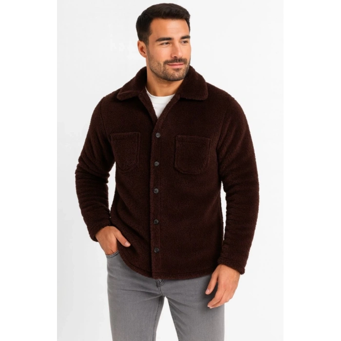 MDB Erkek Pelüş Polar Hırka Gömlek – Yakalı, İlik Düğmeli, Göğüs Cepli, Yumuşak Dokulu Kışlık Regular Fit Rahat Günlük odel  Kahverengi