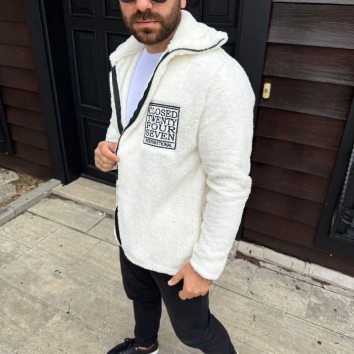 MDB Erkek Polar Fermuarlı weatshirt – Kapüşonsuz, Cepli, Yumuşak Dokulu, Oversize Rahat Kalıp, Kışlık ıcak Tutan Fermuarlı Üst  Beyaz