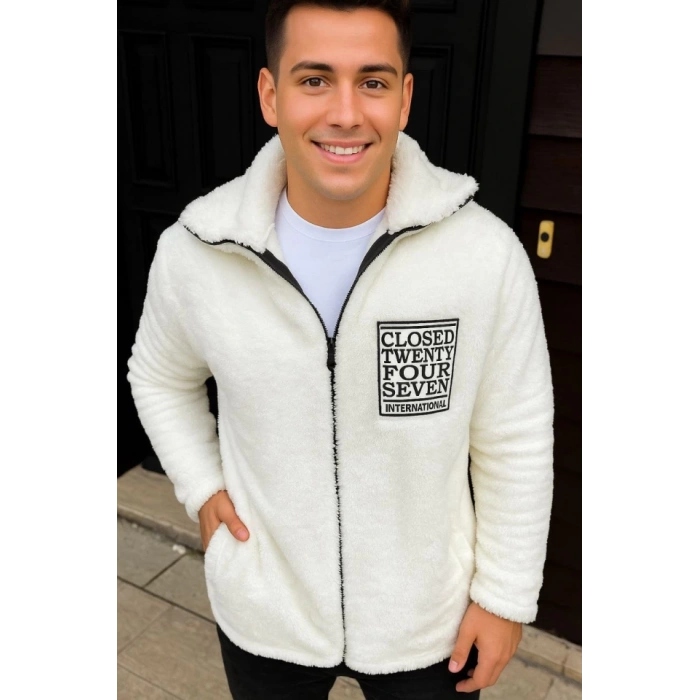 MDB Erkek Polar Fermuarlı weatshirt – Kapüşonsuz, Cepli, Yumuşak Dokulu, Oversize Rahat Kalıp, Kışlık ıcak Tutan Fermuarlı Üst  Beyaz