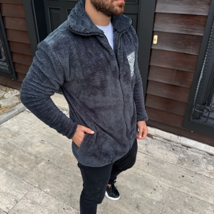 MDB Erkek Polar Fermuarlı weatshirt – Kapüşonsuz, Cepli, Yumuşak Dokulu, Oversize Rahat Kalıp, Kışlık ıcak Tutan Fermuarlı Üst  Füme
