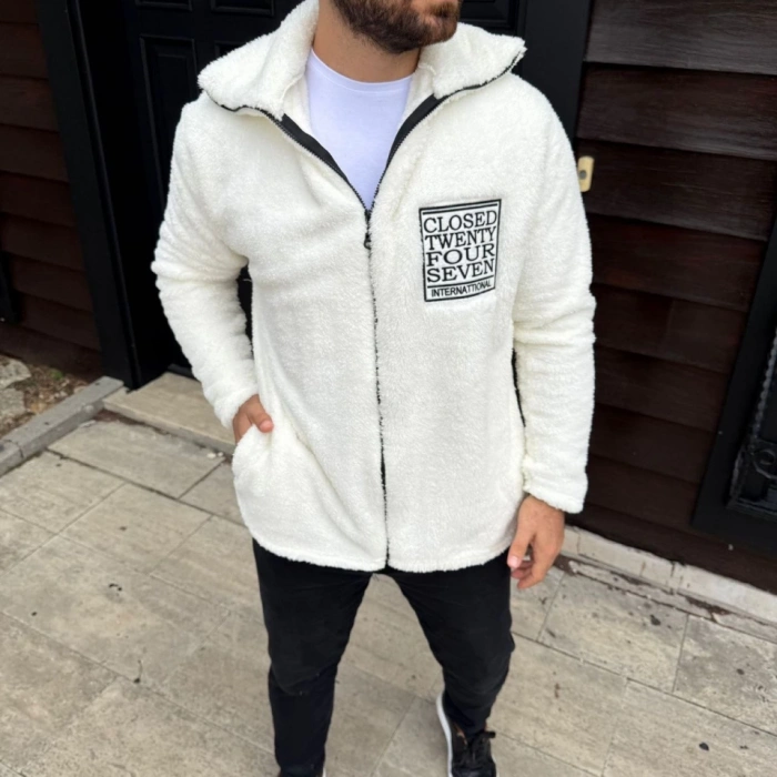 MDB Erkek Polar Fermuarlı weatshirt – Kapüşonsuz, Cepli, Yumuşak Dokulu, Oversize Rahat Kalıp, Kışlık ıcak Tutan Fermuarlı Üst  Beyaz