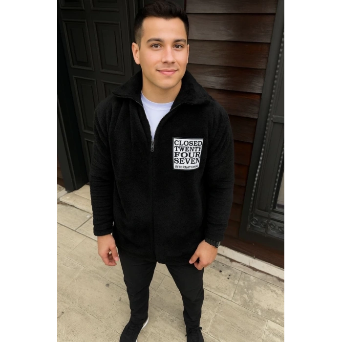 MDB Erkek Polar Fermuarlı weatshirt – Kapüşonsuz, Cepli, Yumuşak Dokulu, Oversize Rahat Kalıp, Kışlık ıcak Tutan Fermuarlı Üst  iyah