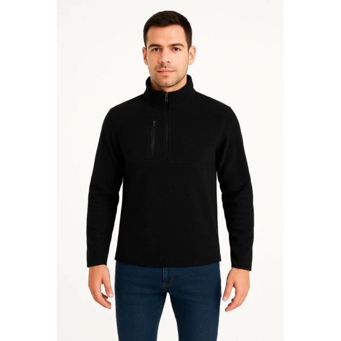 MDB Erkek Polar Kazak – Dik Yaka, Yarım Fermuarlı, Fermuarlı Göğüs Cepli, iyah Biyeli, Kışlık Rahat Regular Fit Günlük odel  iyah