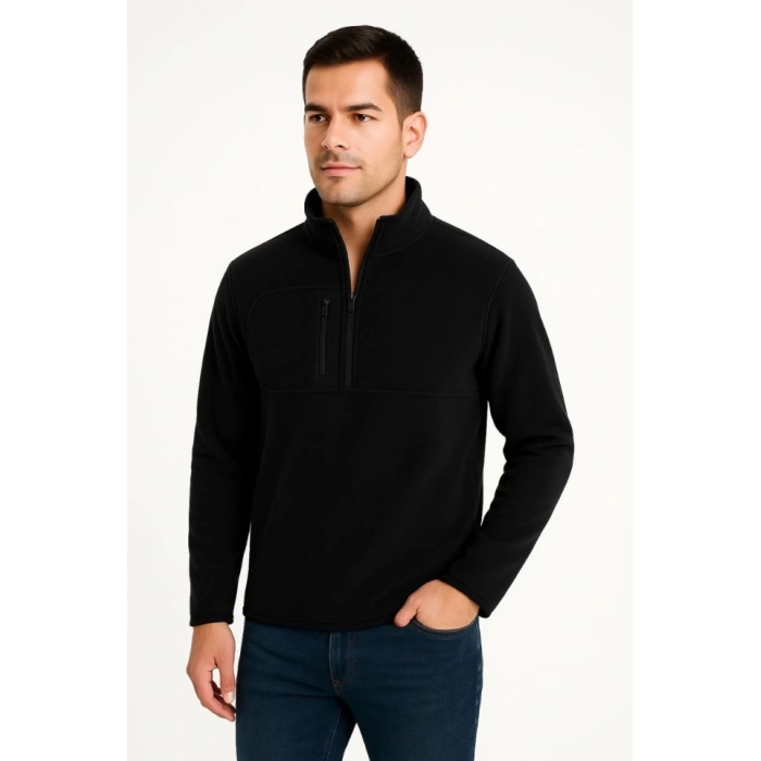 MDB Erkek Polar Kazak – Dik Yaka, Yarım Fermuarlı, Fermuarlı Göğüs Cepli, iyah Biyeli, Kışlık Rahat Regular Fit Günlük odel  iyah