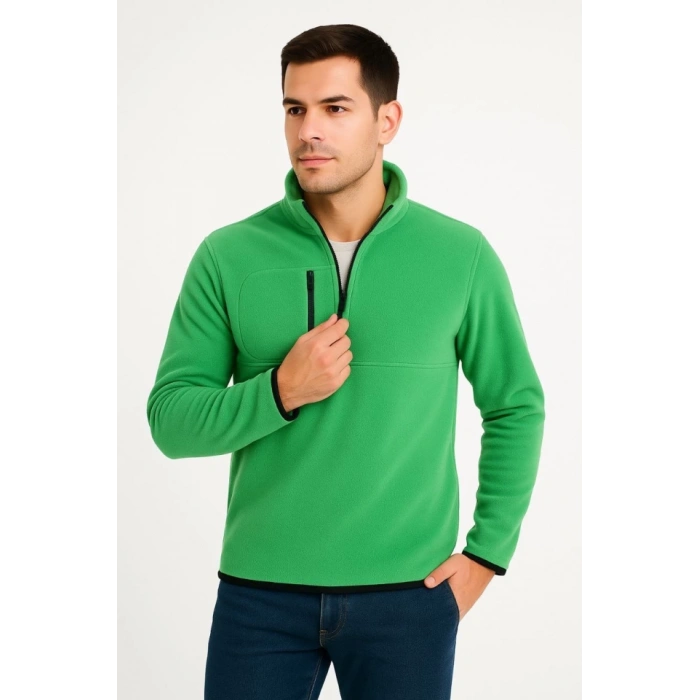 MDB Erkek Polar Kazak – Dik Yaka, Yarım Fermuarlı, Fermuarlı Göğüs Cepli, iyah Biyeli, Kışlık Rahat Regular Fit Günlük odel  Yeşil