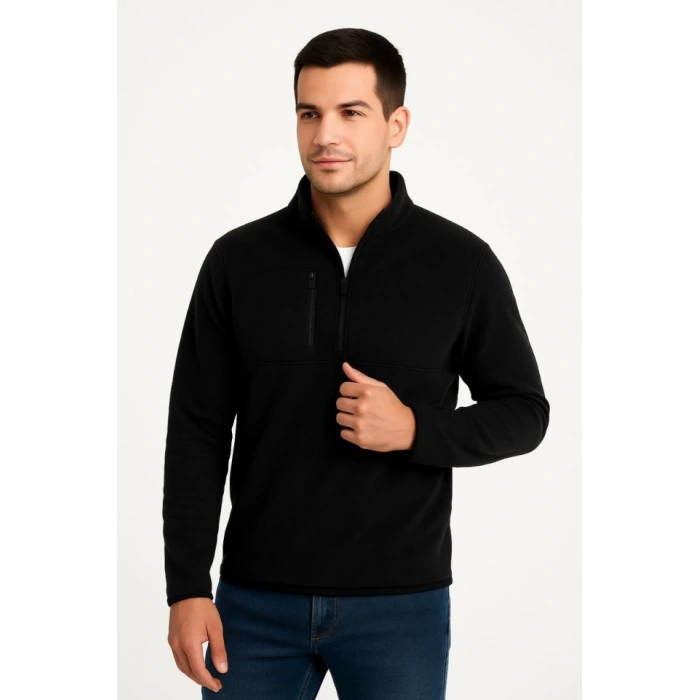 MDB Erkek Polar Kazak – Dik Yaka, Yarım Fermuarlı, Fermuarlı Göğüs Cepli, iyah Biyeli, Kışlık Rahat Regular Fit Günlük odel  iyah