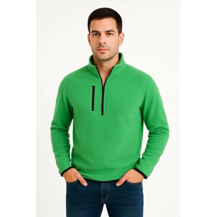 MDB Erkek Polar Kazak – Dik Yaka, Yarım Fermuarlı, Fermuarlı Göğüs Cepli, iyah Biyeli, Kışlık Rahat Regular Fit Günlük odel  Yeşil