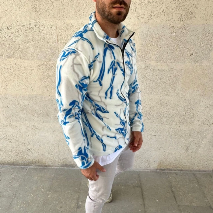 MDB Erkek Tam Fermuarlı Desenli Polar weat  ightning Desen Yakalı, Uzun Kollu, Oversize Rahat Kalıp  Beyaz