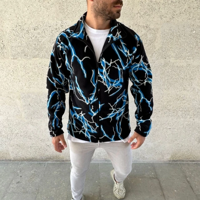 MDB Erkek Tam Fermuarlı Desenli Polar weat ightning Desen Yakalı, Uzun Kollu, Oversize Rahat Kalıp  iyah