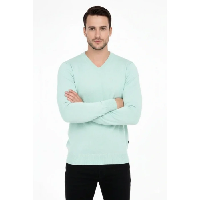 MDB Erkek V Yaka Triko Kazak Yumuşak Dokulu Pamuklu Ince Dokuma, Uzun Kollu Rahat Regular Kalıp  int Yeşili