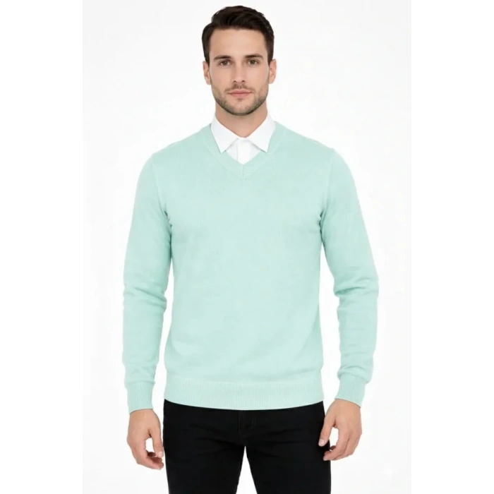 MDB Erkek V Yaka Triko Kazak Yumuşak Dokulu Pamuklu Ince Dokuma, Uzun Kollu Rahat Regular Kalıp  int Yeşili