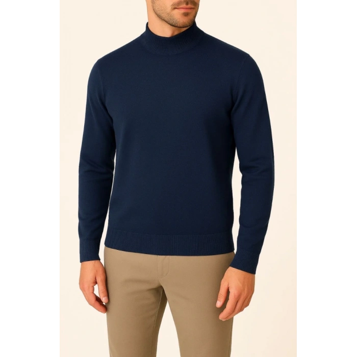 MDB Erkek Yarım Boğaz Triko Kazak Yumuşak Dokulu Pamuklu Ince Dokuma, Uzun Kollu Rahat Regular Kalıp  acivert