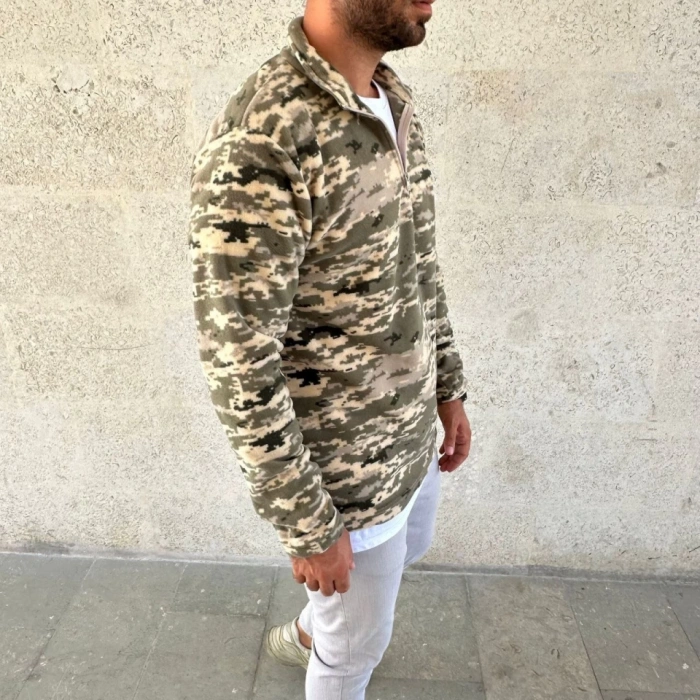 MDB Erkek Yarım Fermuarlı Desenli Polar weat – Haki Kamuflaj Yakalı, Uzun Kollu, Oversize Rahat Kalıp  Haki