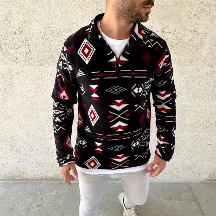 MDB Erkek Yarım Fermuarlı Desenli Polar weat Tribal Etnik Desen Yakalı, Uzun Kollu, Oversize Rahat Kalıp,  iyah