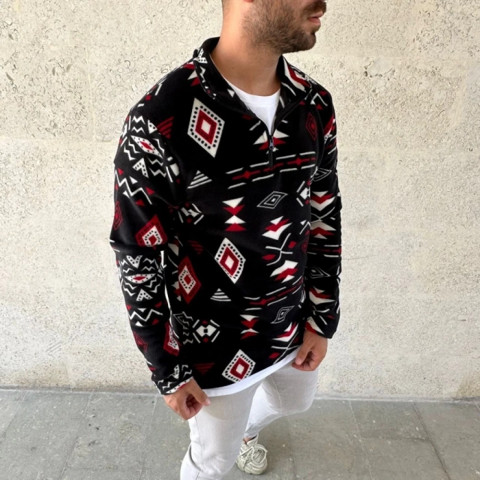 MDB Erkek Yarım Fermuarlı Desenli Polar weat Tribal Etnik Desen Yakalı, Uzun Kollu, Oversize Rahat Kalıp,  iyah
