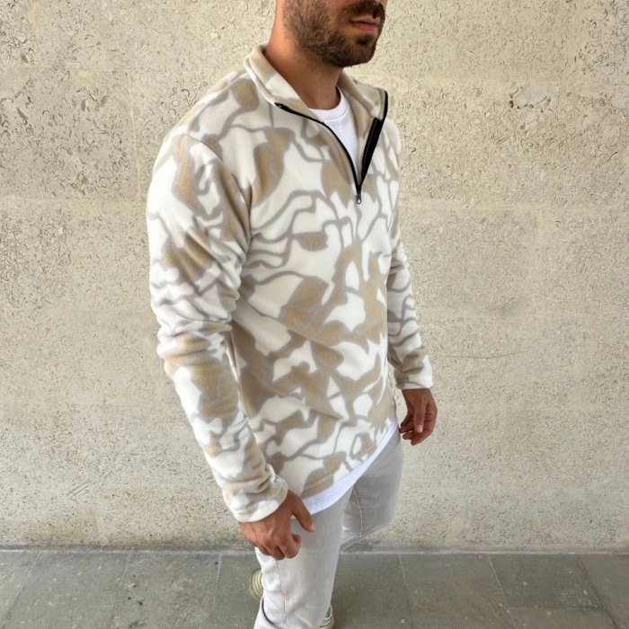 MDB Erkek Yarım Fermuarlı Desenli Polar weat Yakalı, Uzun Kollu, Oversize Rahat Kalıp  Bej