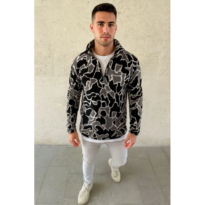 MDB Erkek Yarım Fermuarlı Desenli Polar weat Yakalı, Uzun Kollu, Oversize Rahat Kalıp  iyah
