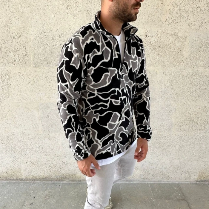 MDB Erkek Yarım Fermuarlı Desenli Polar weat Yakalı, Uzun Kollu, Oversize Rahat Kalıp  iyah