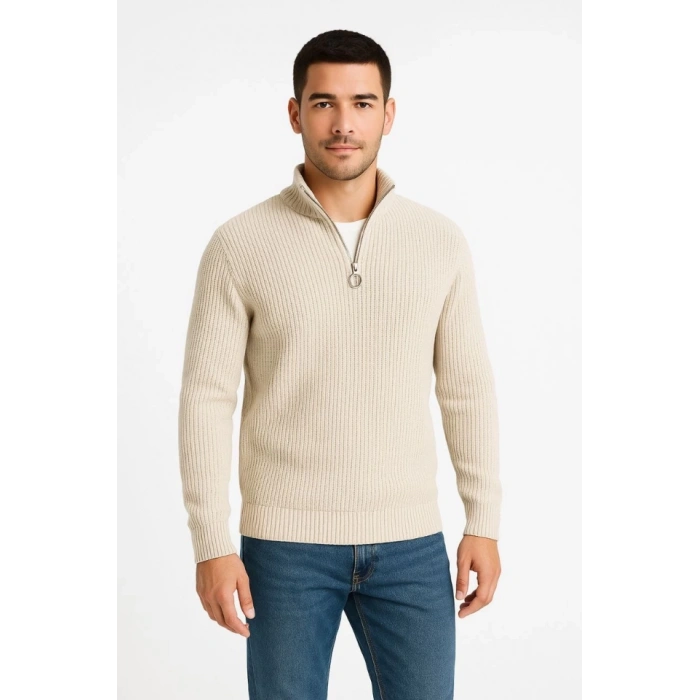 MDB Erkek Yarım Fermuarlı Triko Kazak – elanik Örgü, Dik Yaka, Pamuklu Dokuma, Regular Fit Uzun Kollu Kışlık odel  Bej
