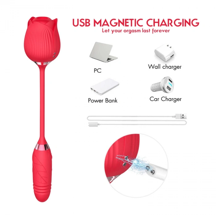 MDB Gül Tasarımlı Çift Fonksiyonlu Vibratör – 10 Emme + 10 Titreşim Modu, Su Geçirmez ve Manyetik Şarjlı