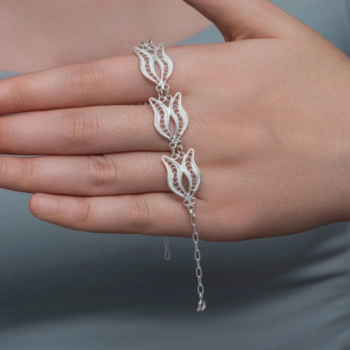 MDB Gümüş Lale Motifli Telkari Kadın Bileklik